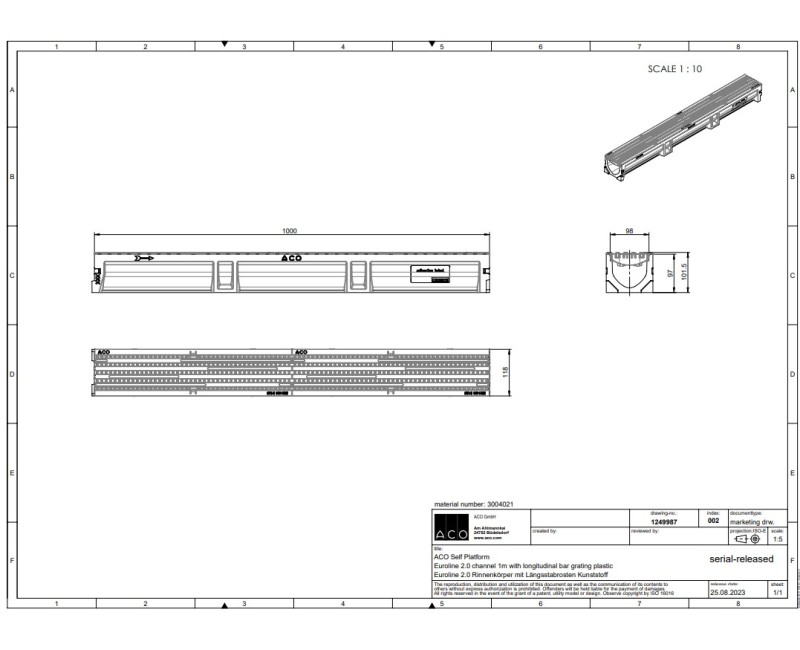 Канал ACO EuroLine 2.0 B125, 1 м, с пластиковой сеткой, 3004021
