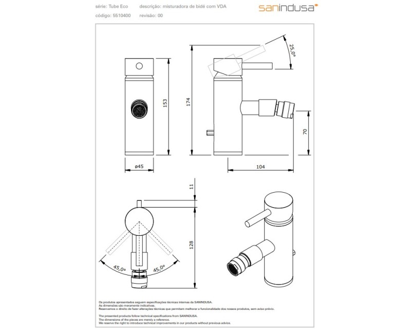 Bide maisītājs Sanindusa Tube ECO, ar popUp vārstu, Hromēts 551040011
