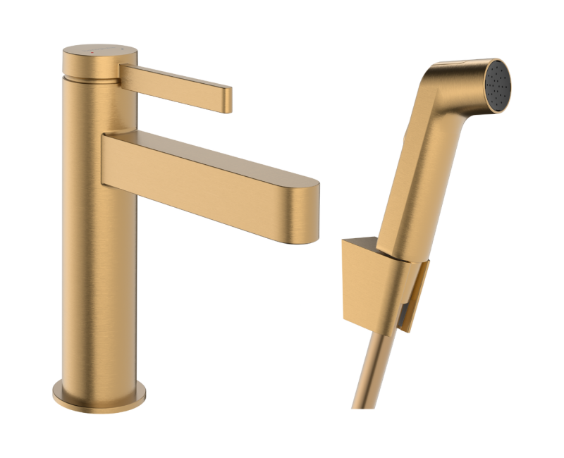 Смеситель для раковины Hansgrohe Finoris 110 с функцией слива Push-Open и лейкой для биде, EcoSmart, полированная бронза 76210140