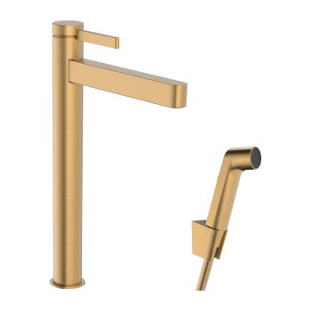 Vannas istabas izlietnes maisītājs Hansgrohe Finoris 260 ar Push-Open noteci un bide dušas galvu, EcoSmart, pulēta bronza 76220140