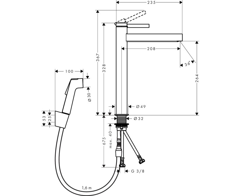 Vannas istabas izlietnes maisītājs Hansgrohe Finoris 260 ar Push-Open noteci un bide dušas galvu, EcoSmart, pulēts melns hroms 76220340