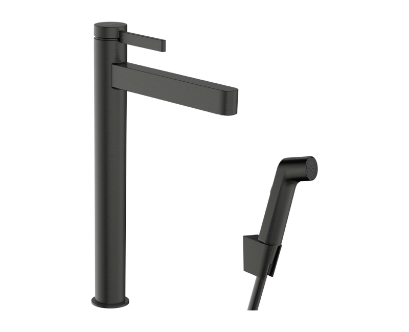 Vannas istabas izlietnes maisītājs Hansgrohe Finoris 260 ar Push-Open noteci un bide dušas galvu, EcoSmart, pulēts melns hroms 76220340