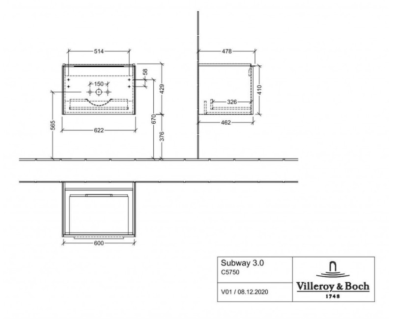 Vannas istabas skapītis Villeroy & Boch Subway 3.0, 62x43x48 cm, Pelēks Kašmirs C57502VN