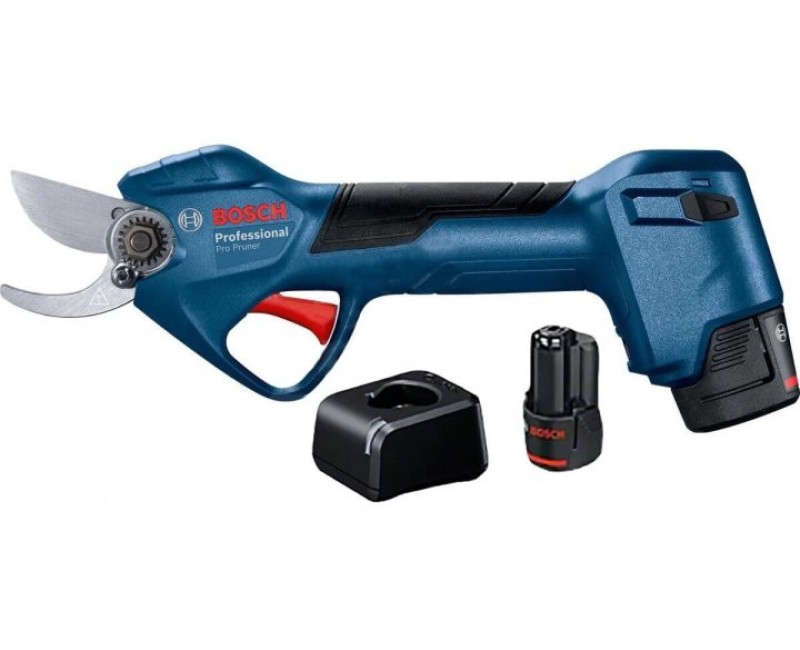 Dārza šķēres Bosch 12 V akumulatora, 2 x 3,0 Ah akumulatori, lādētājs 06019K1021
