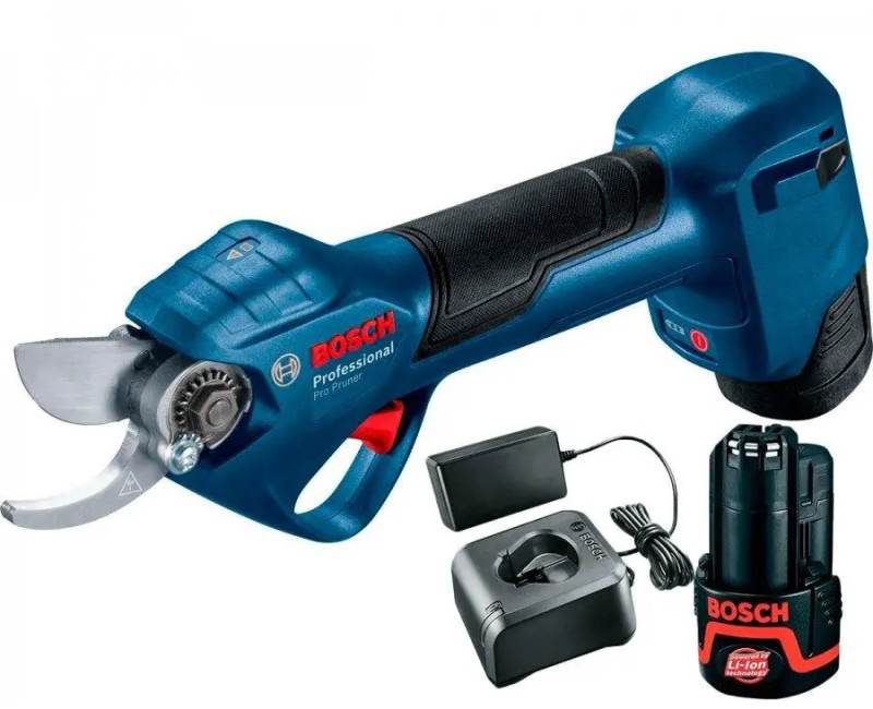 Dārza šķēres Bosch 12 V akumulatora, 2 x 3,0 Ah akumulatori, lādētājs 06019K1021