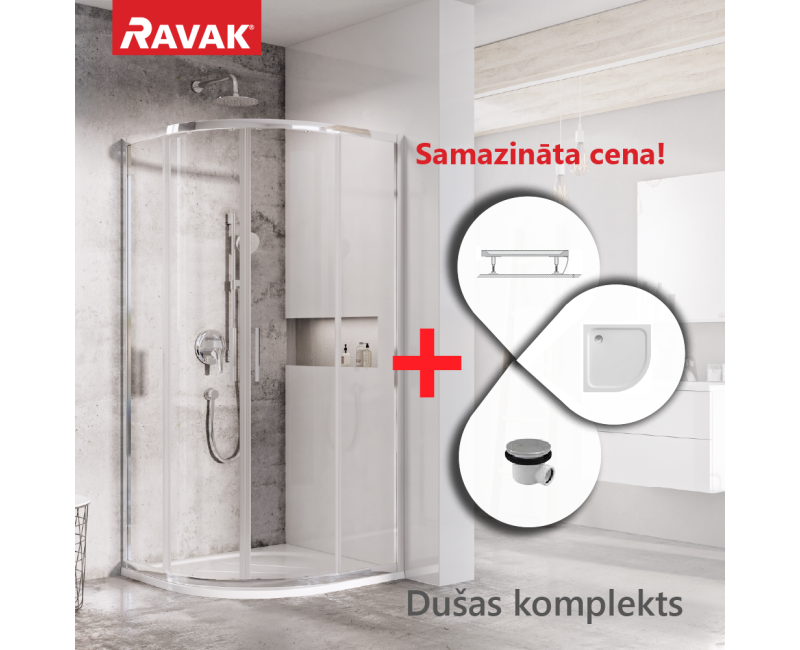 Dušas Kabīnes komplekts RAVAK SET 5 Dušas stūris BLSCP4-90 hromēts + stikls Transparent + paliktnis Elipso Pro