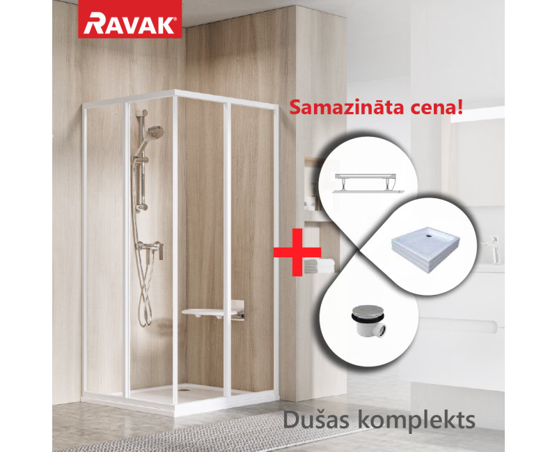 Dušas Kabīnes komplekts RAVAK SET2  dušas stūris SRV2-75 195 S balts + stikls (1.puse)Transparent + paliktnis Aneta 75x90cm