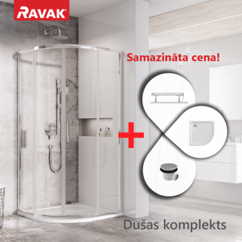 Dušas Kabīnes komplekts RAVAK SET3 Dušas stūris BLSCP4-80 hromēts + stikls Transparent + paliktnis Elipso Pro
