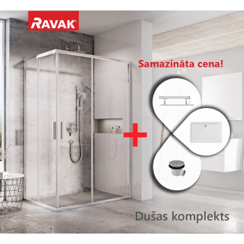 Dušas kabīnes komplekts RAVAK SET16 Dušas stūris BLSRV2K-90 spīdīga alumīnija, stikls + Dušas stūris BLSRV2K-100 + Paliknis Gigant Pro 100x90