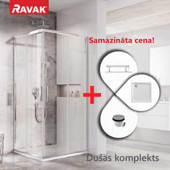 Dušas kabīnes komplekts RAVAK SET7 Dušas stūris BLSRV2-80 hromēts  + stikls Transparent + paliktnis Perseus Pro