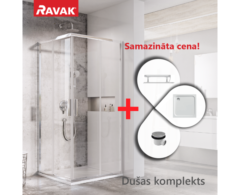 Dušas kabīnes komplekts RAVAK SET7 Dušas stūris BLSRV2-80 hromēts  + stikls Transparent + paliktnis Perseus Pro
