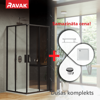 Dušas kabīnes komplekts RAVAK SET8 Dušas stūris BLSRV2-80 melns + stikls Transparent + paliktnis Perseus Pro