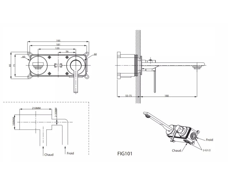 Встраиваемый Смеситель для раковины O'DESIGN FIGARO, хромированный. FIG101C