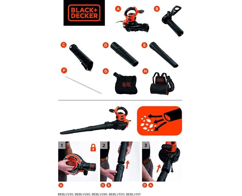 Lapu Pūtējs / Sūcējs BLACK+DECKER Elektriskais, 3 vienā, 2600 W BEBLV260-QS
