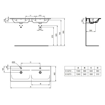 Mēbeļu izlietne Ideal Standard Connect Air Dubultā, 124x46 cm, ar pārplūdi, balta E027301