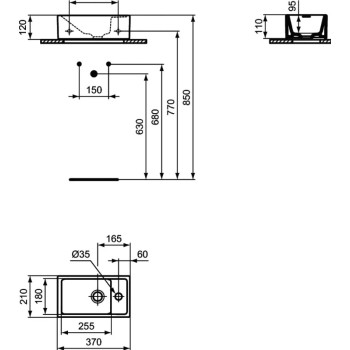 Mēbeļu izlietne Ideal Standard Tempo  37x21 cm, bez pārplūdes,  caurums labajā pusē, balta E211201