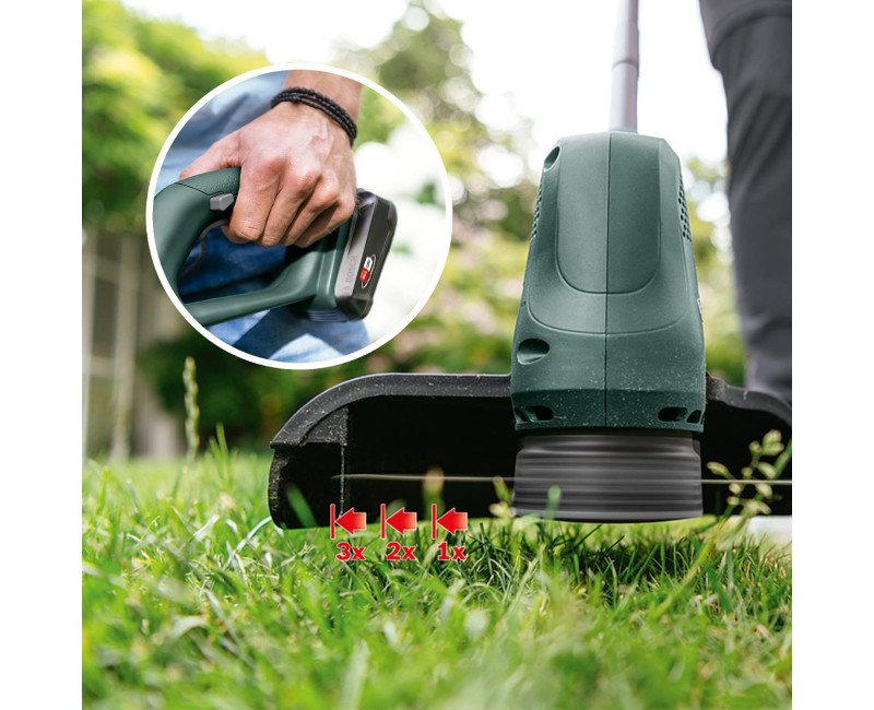 Bosch trimeris 18 V akumuliatorinis su valą, 26 cm pjovimo plotis, 2 x 2,0 Ah akumuliatoriai, įkroviklis 06008C1C05
