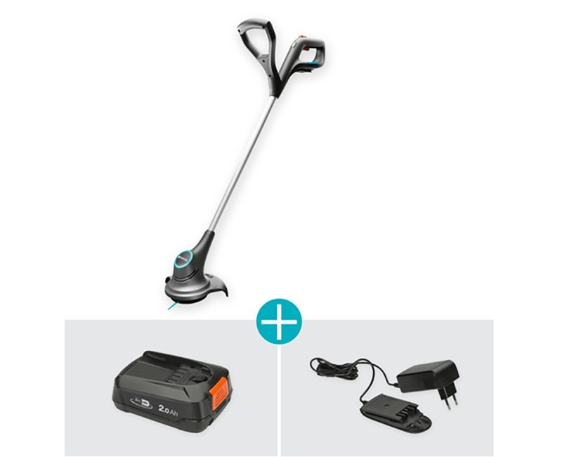 Trimmeris Gardena 18 V SmallCut 23/18 V, pļaušanas platums 23 cm, 1 x litija jonu akumulators 2,0 Ah, lādētājs 14702-20