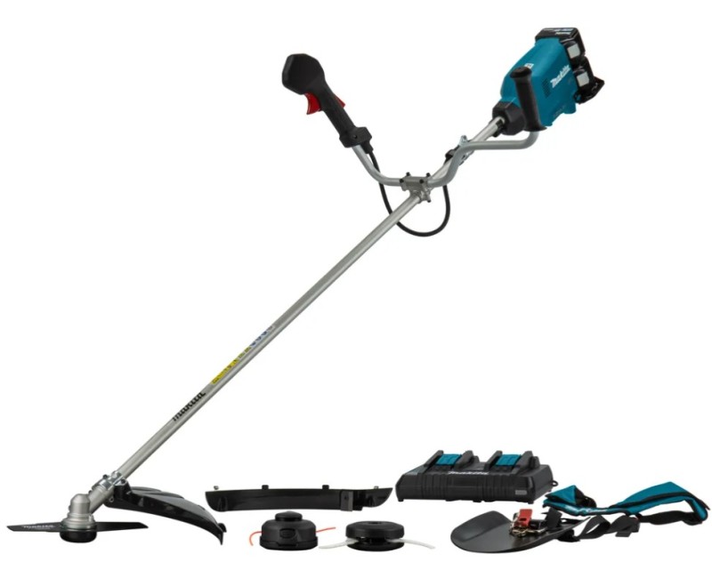 Trimmeris Makita 18 V akumulatora krūmgriezis, 43 cm pļaušanas platums, 2 x 5,0 Ah akumulatori, lādētājs DUR369APT2