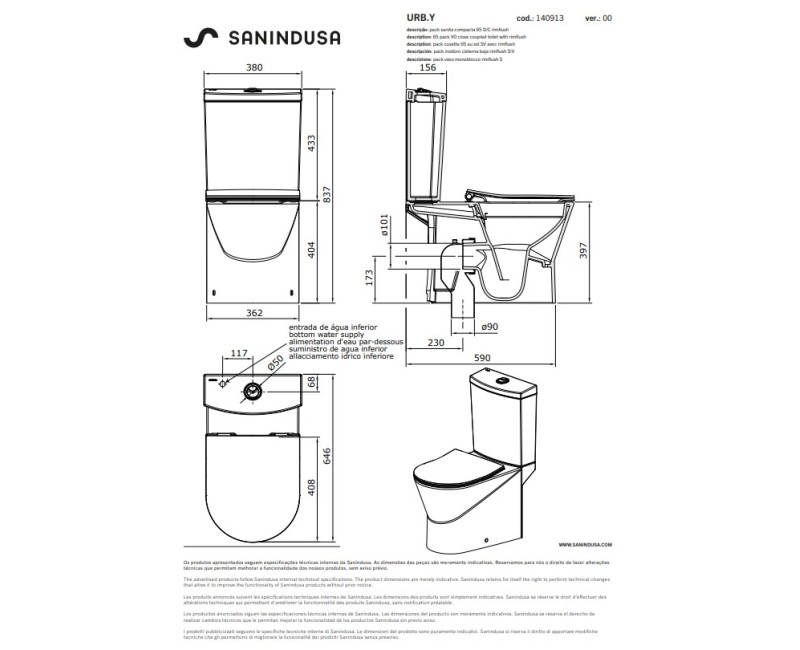 Tualetas Sanindusa URB.Y 65 Rimfree su SoftClose EasyClipp dangčiu, Baltas 140913004