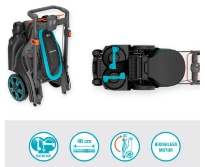Zāles pļāvējs Gardena 18 V  PowerMax Duo 46/36V, pļaušanas platums 46 cm, 2 x P4A PBA 2,5 Ah akumulatori, lādētājs 14646-65