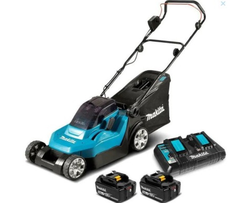 Zāles pļāvējs Makita 18 V akumulatora, 38 cm pļaušanas platums, 2 x 5,0 Ah LXT akumulatori, DLM382PT2 lādētājs