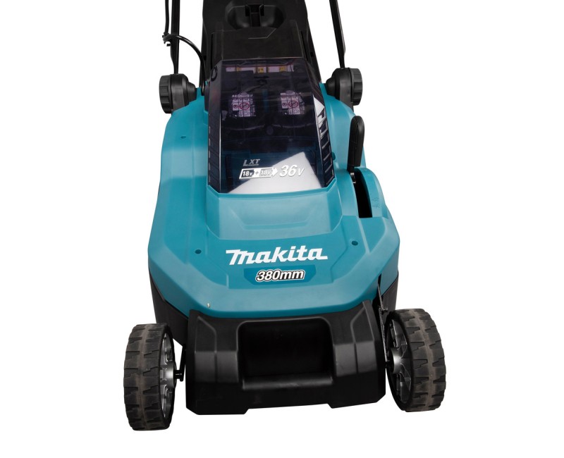 Zāles pļāvējs Makita 18 V akumulatora, 38 cm pļaušanas platums, 2x litija jonu LXT 4,0 Ah akumulatori, DLM382CM2 lādētājs