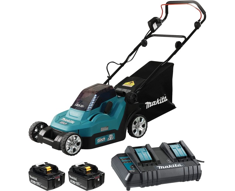 Zāles pļāvējs Makita 18 V akumulatora, 38 cm pļaušanas platums, 2x litija jonu LXT 4,0 Ah akumulatori, DLM382CM2 lādētājs