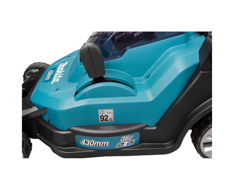 Zāles pļāvējs Makita 18 V akumulatora, 43 cm pļaušanas platums, 2 x LXT 5,0 Ah akumulatori, DLM432CT2 lādētājs