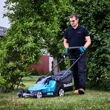 Zāles pļāvējs Makita 18 V akumulatora, 43 cm pļaušanas platums, 2 x litija jonu LXT 5,0 Ah akumulatori, DLM432PT2 lādētājs