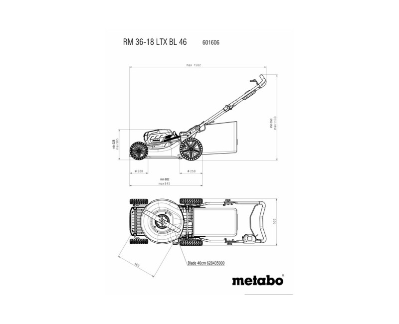 Газонокосилка Metabo 36 В, ширина скашивания 46 см, 2 аккумулятор 5,2 Ач, зарядка 601606650