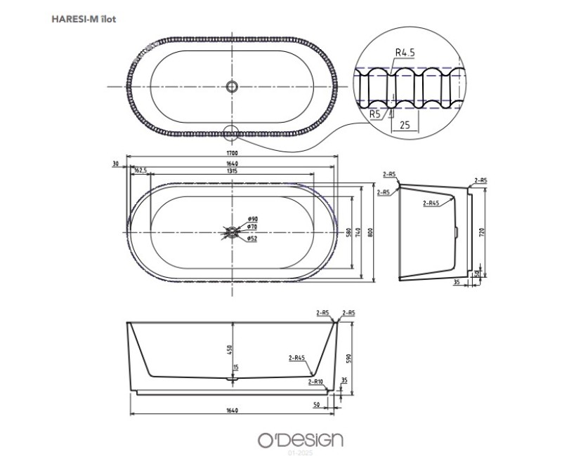 Brīvi stāvoša Vanna O'Design HARESI-M 1700x800mm H=550mm Akrila, Balta matēta