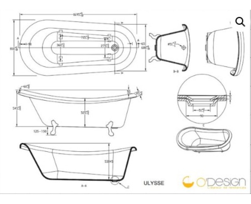 Brīvi stāvoša Vanna O'Design ULYSSE 1695x810mm H=665/605mm Akrila, Balta