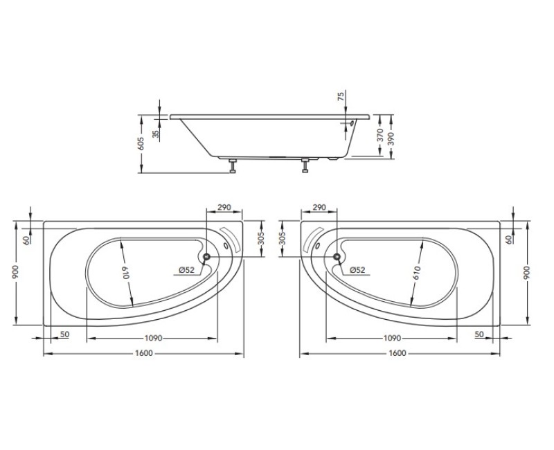 Hidromasāžas vanna O'Design Muse Serenite, 1600x900mm, Kreisā, 6 hidro un 10 gaisa sprauslas, 1150W