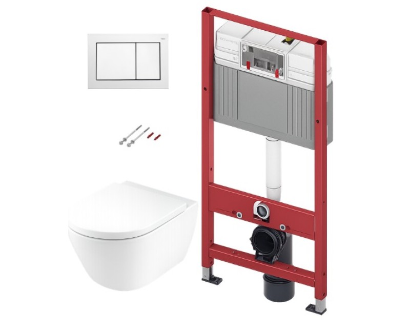 Tualetes poda komplekts TECEbase rāmis ar Duravit D-Neo Rimless podu, SoftClose Slim vāku un TECEnow Baltu pogu