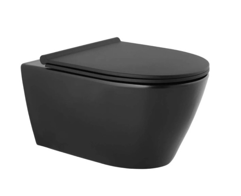 Комплект унитаза TECEbase c Rimfree Sanindusa Urb.y 48 черного цвета, крышкой SoftClose EasyClipp Slimlid и кнопкой TECEnow черного цвета.
