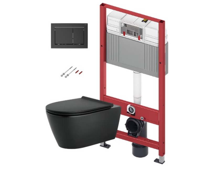 Комплект унитаза TECEbase c Rimfree Sanindusa Urb.y 48 черного цвета, крышкой SoftClose EasyClipp Slimlid и кнопкой TECEnow черного цвета.