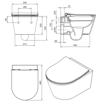 Tualetes poda komplekts TECEbase rāmis ar Sanindusa Urb.y 48 Rimless Pelēku podu, SoftClose EasyClipp Slim vāku un TECEnow Baltu pogu