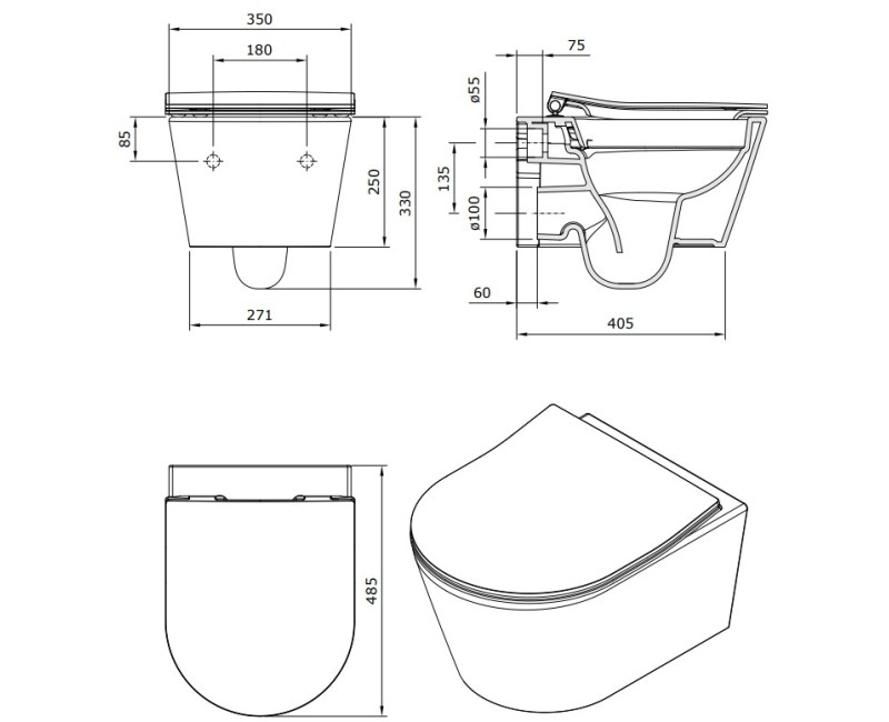 Tualetes poda komplekts TECEbase rāmis ar Sanindusa Urb.y 48 Rimless Pelēku podu, SoftClose EasyClipp Slim vāku un TECEnow Hromētu pogu