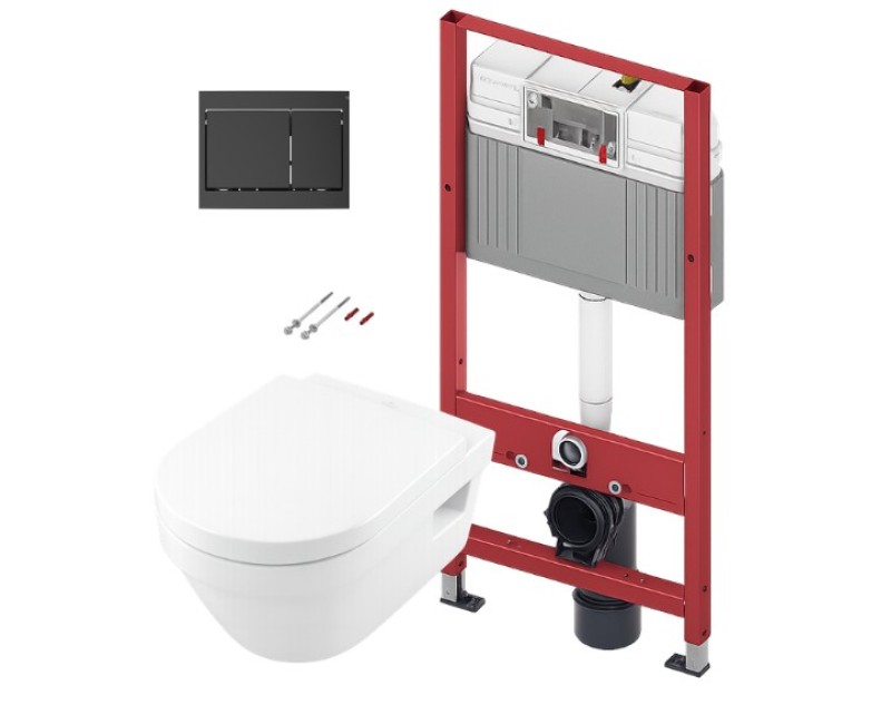 Tualetes poda komplekts TECEbase rāmis ar Villeroy & Boch Architectura Rimless podu, SoftClose Slim vāku un TECEnow Melnu pogu