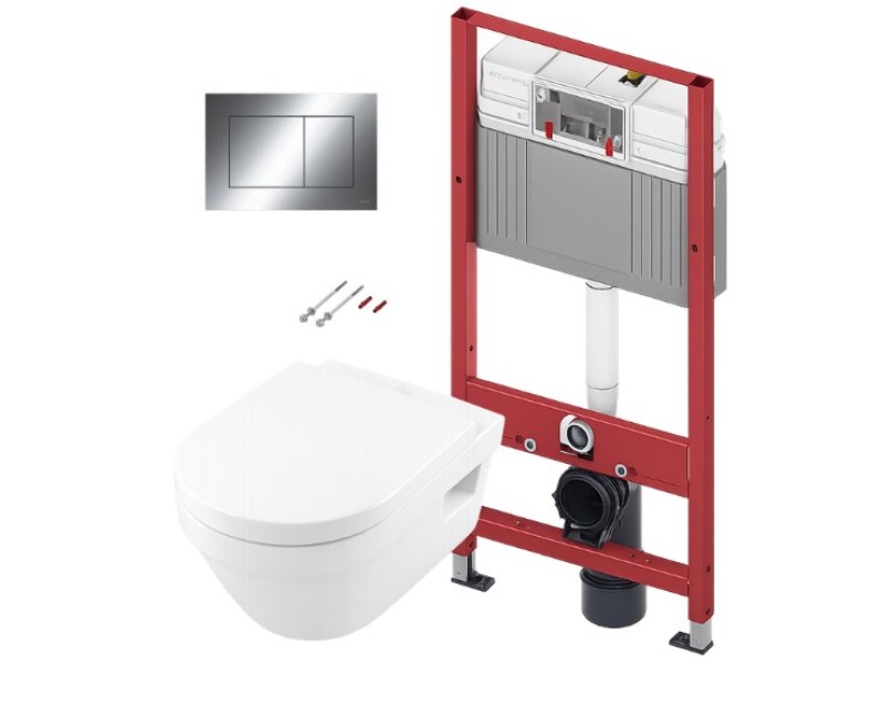 Tualetes poda komplekts TECEbase rāmis ar Villeroy & Boch Architectura Rimless podu, SoftClose vāku un TECEnow Hromētu pogu
