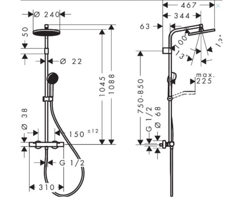 Dušas Sistēma Hansgrohe Activera S ar termostatu, D 24 cm, 2 plūsmas veidi, EcoSmart+, matēti melns 28083670