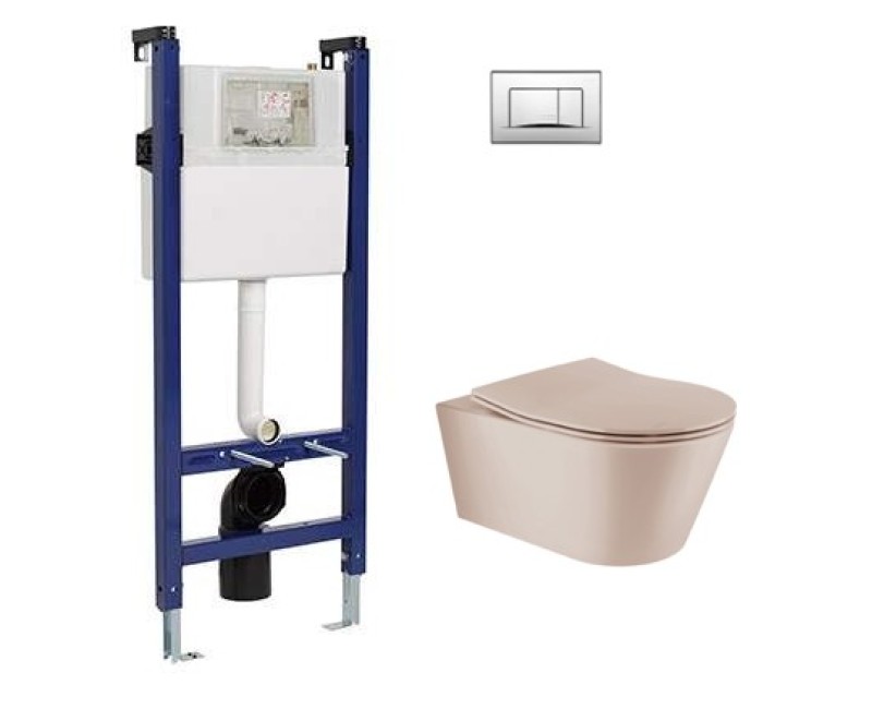 Комплект для унитаза Sanindusa Sanfix с рамой и унитазом Urb.y 48 Rimfree Taupe Matt с крышкой SoftClose и хром кнопкой