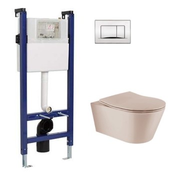 Tualetes poda Komplekts Sanindusa Sanfix rāmis ar Urb.y 48 Rimfree Taupe Matt podu ar vāku SoftClose un Hromēta satīna pogu