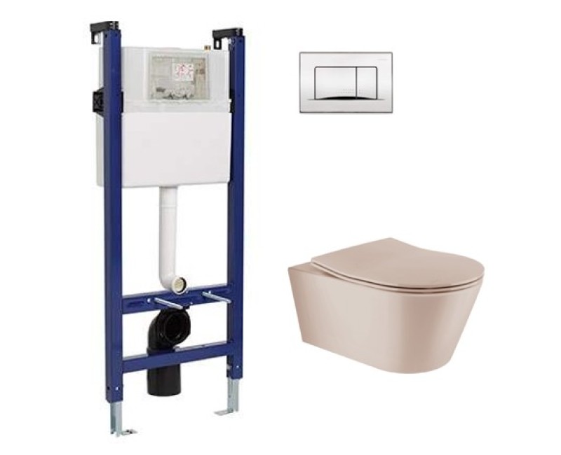 Tualetes poda Komplekts Sanindusa Sanfix rāmis ar Urb.y 48 Rimfree Taupe Matt podu ar vāku SoftClose un Hromēta satīna pogu