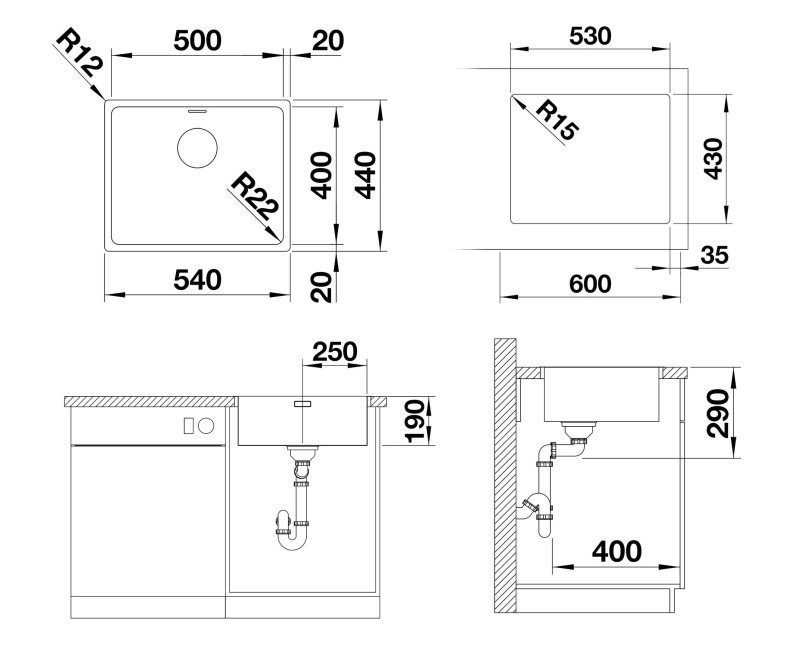 Virtuves Izlietne BLANCO ANDANO 500-IF SATIN InFino O.AF Nerūsējošais tērauds, Satīna spīdīga 522965