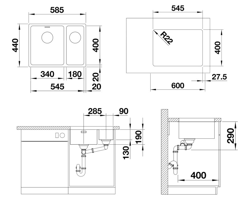 Virtuves Izlietne BLANCO ANDANO 340/180-U SATIN RE InFino O.AF  Nerūsējošais tērauds, Satīna spīdīga 522977