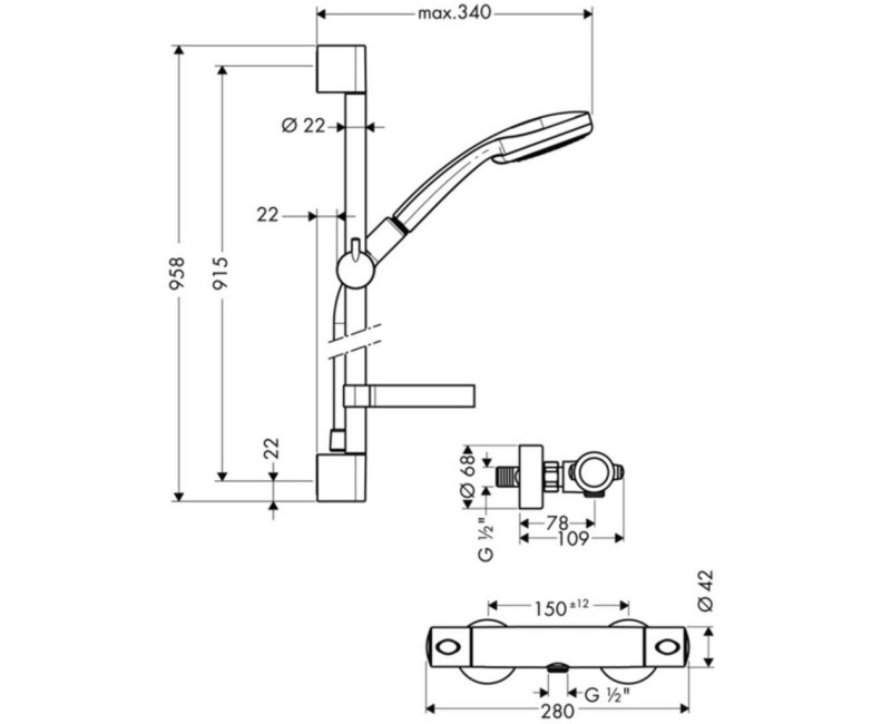 Dušo komplektas Hansgrohe Croma 100 su termostatu, 3 srovės, 90 cm stovas, chromas 27085000