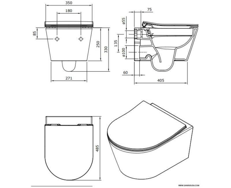 Tualetes poda Komplekts Sanindusa Sanfix rāmis ar Urb.y 48 Rimfree Baltu podu ar vāku SoftClose un Hromētu pogu