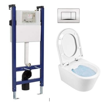 Tualetes poda Komplekts Sanindusa Sanfix rāmis ar Urb.y 48 Rimfree Baltu podu ar vāku SoftClose un Hromētu Satīna pogu